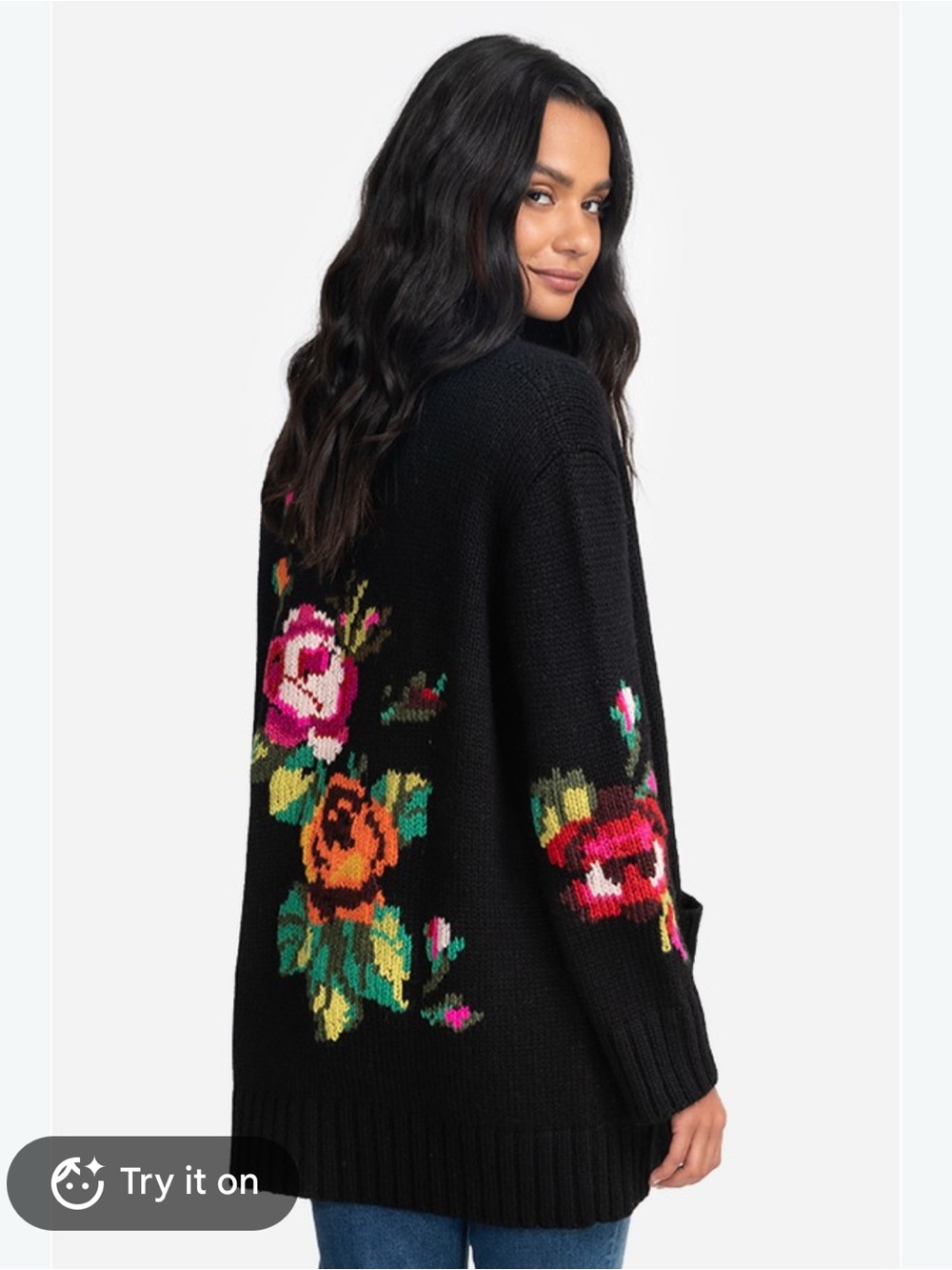 Johnny Was Rosemary Black Floral Cardigan Alpaca Wool Oversized